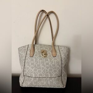 Calvin Klein Monogram Logo Tote Bag – Cream & Tan with Gold Padlock Detail